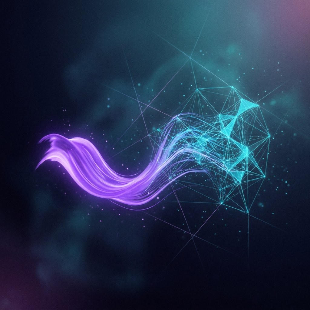 Abstract visual — a human brushstroke of light flowing into an AI neural mesh, representing AI × Craft